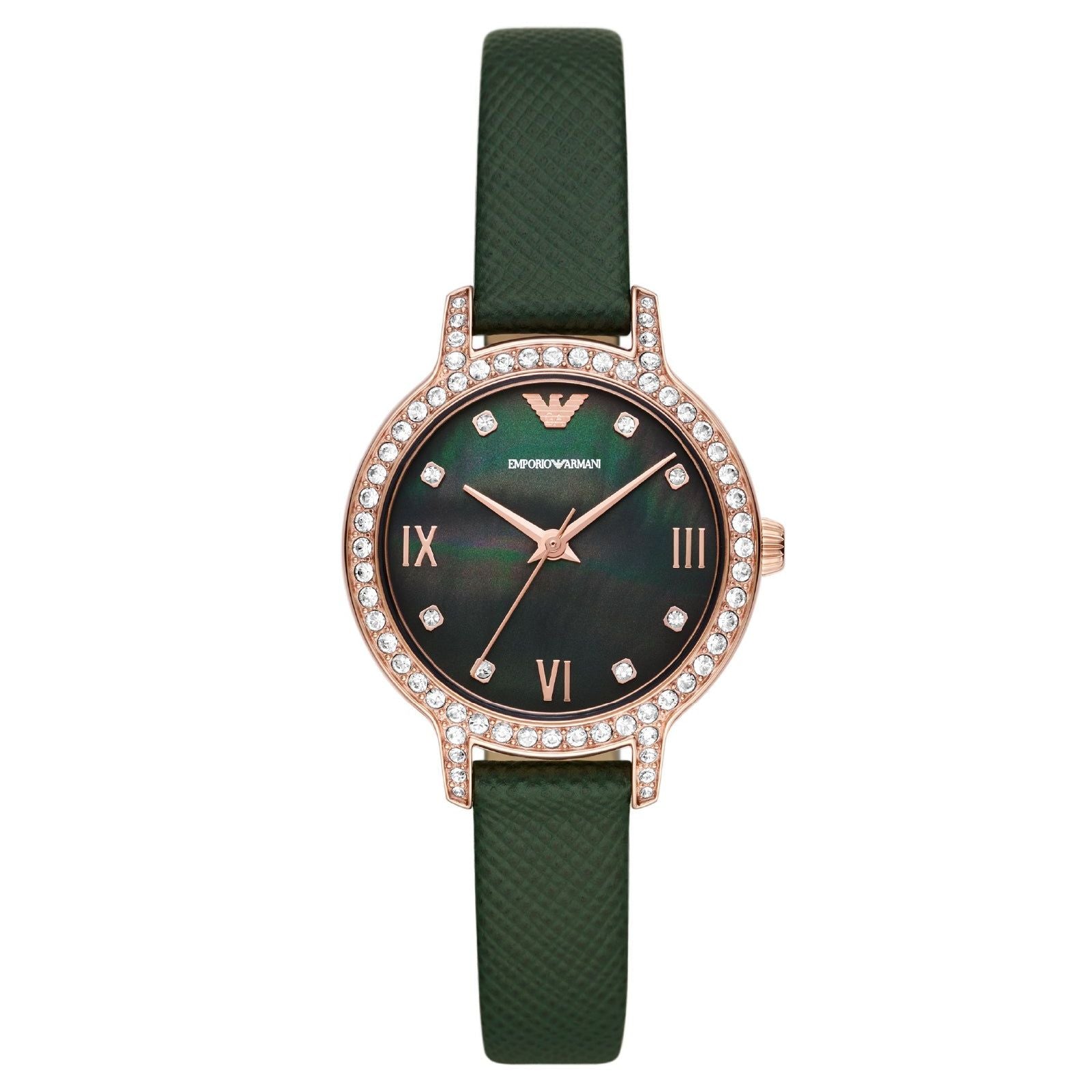 Orologio solo tempo acciaio cristalli pelle Emporio Armani donna verde e rose