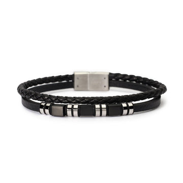 Bracciale doppio uomo 2Jewels Street similpelle nera con elementi in acciaio