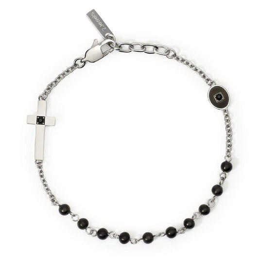 Bracciale rosario uomo 2Jewels Faith acciaio con sfere nere, cristalli e croce