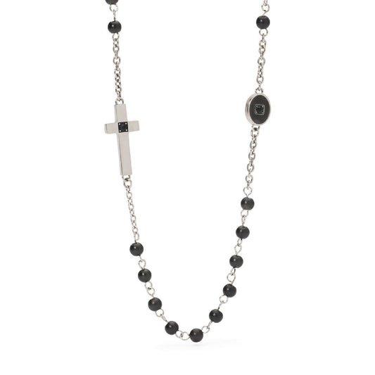 Collana rosario uomo 2Jewels Faith acciaio con sfere nere, cristalli e croce