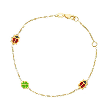 Bracciale da bambini JOY Gioielli in oro giallo con coccinelle e quadrifoglio