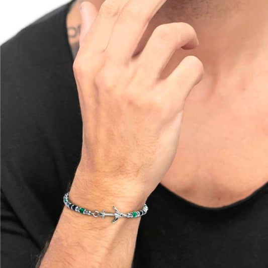 Bracciale con ancora Marlù Icons da uomo in acciaio con ematite, malachite e onice