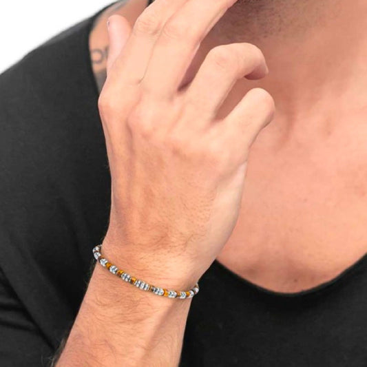 Bracciale Marlù Icons da uomo in acciaio con ematite e occhio di tigre piccole