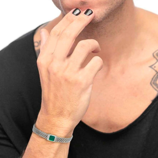 Bracciale maglia mesh in acciaio Marlù Icons da uomo con malachite quadrata