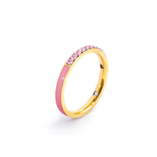 Anello veretta Marlù Sparkles donna acciaio dorato con zirconi e smalto rosa