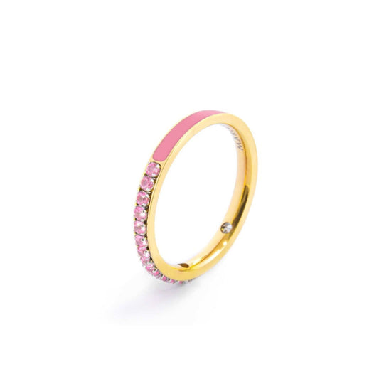 Anello veretta Marlù Sparkles donna acciaio dorato con zirconi e smalto rosa