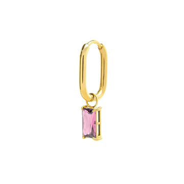 Orecchino singolo ovale donna Marlù Sparkles in acciaio dorato con zircone rosa pendente