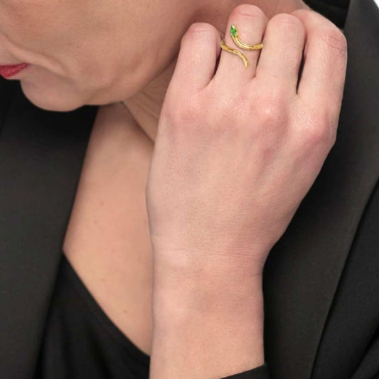 Anello a serpente da donna Marlù Vision in acciaio dorato con zircone verde