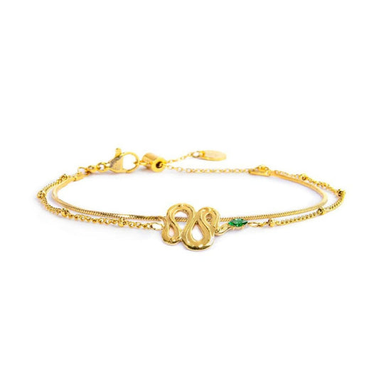 Bracciale doppia catena da donna Marlù Vision in acciaio dorato con serpente e cristallo verde