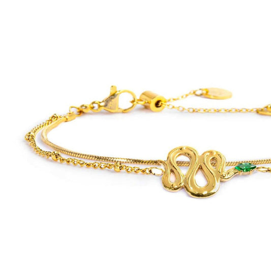 Bracciale doppia catena da donna Marlù Vision in acciaio dorato con serpente e cristallo verde