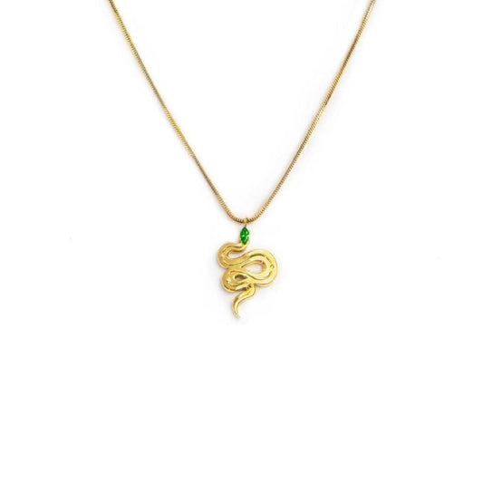 Collana snake quadrata da donna Marlù Vision in acciaio dorato con serpente pendente e zircone verde