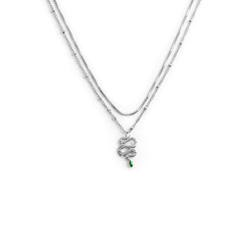 Collana doppia catena da donna Marlù Vision in acciaio con serpente pendente e zircone verde