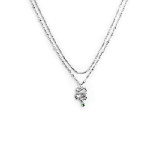 Collana doppia catena da donna Marlù Vision in acciaio con serpente pendente e zircone verde