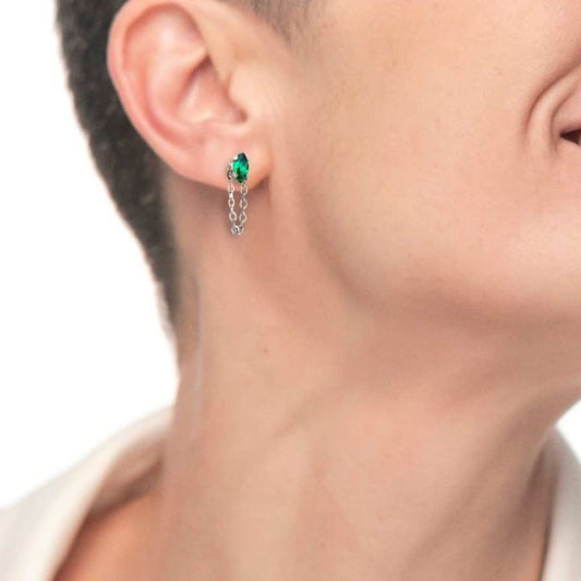 Mono orecchino da donna Marlù Vision in acciaio con zircone verde e catena pendente