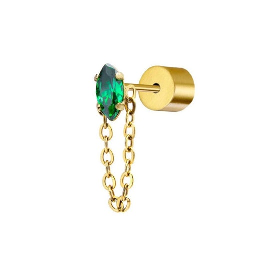 Mono orecchino da donna Marlù Vision in acciaio dorato con zircone verde e catena pendente