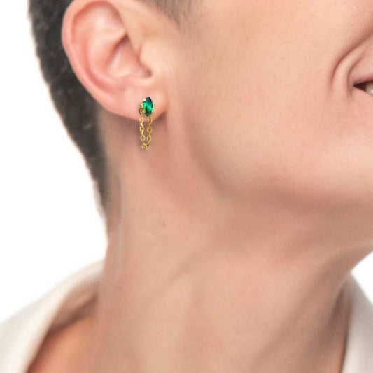 Mono orecchino da donna Marlù Vision in acciaio dorato con zircone verde e catena pendente