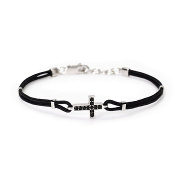 Bracciale uomo Mabina Mystical nylon nero in argento con croce e zirconi neri