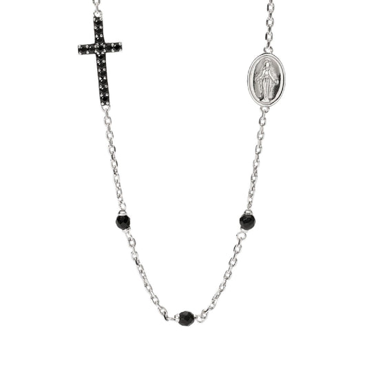 Collana girocollo Mabina Uomo Mystical in argento 925 con croce in zirconi neri e Madonnina