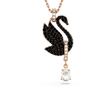 Collana donna Swarovski Swan placcata oro rosa con cigno e cristalli neri e a goccia