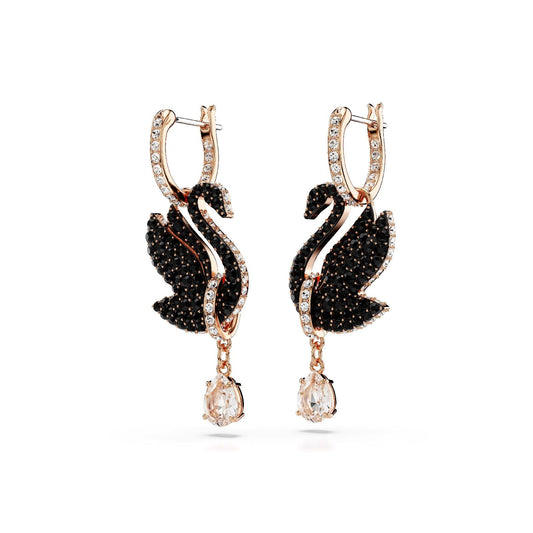 Orecchini donna Swarovski Swan placcati oro rosa con cigno e cristalli neri e a goccia