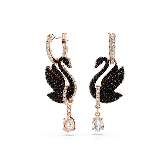 Orecchini donna Swarovski Swan placcati oro rosa con cigno e cristalli neri e a goccia