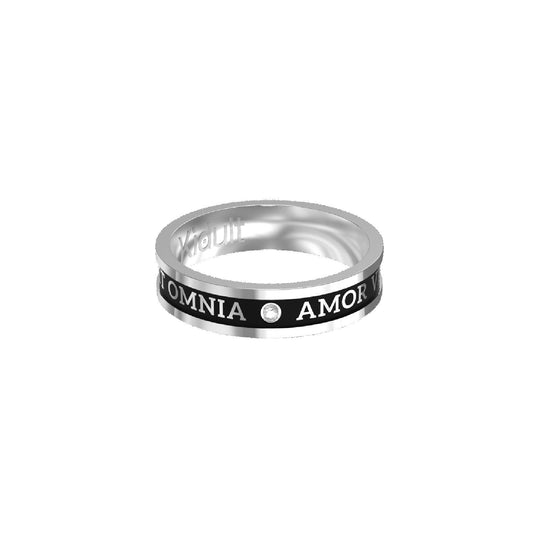 Anello da uomo Kidult Love in acciaio con cristalli e scritta in pvd nero "Amor vincit omnia"