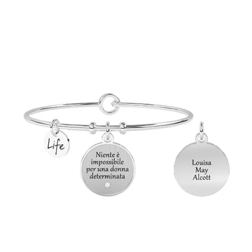 Bracciale rigido da donna Kidult Love in acciaio con ciondolo e scritta "Niente è impossibile per una donna determinata"