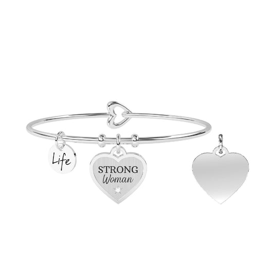 Bracciali rigido da donna Kidult Love in acciaio con ciondolo e scritta "Strong woman"