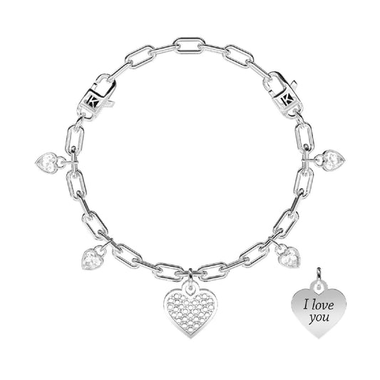 Bracciale regolabile da donna Kidult Love in acciaio con ciondolo a cuore e cristalli