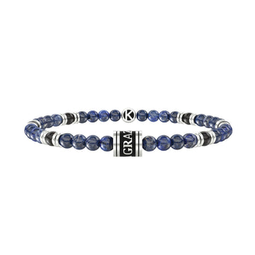 Bracciale elastico da uomo Kidult Family in acciaio con sodalite blu, agata nera e scritta "Grazie papà"