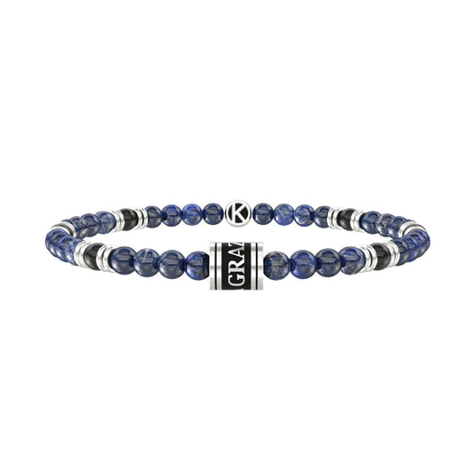 Bracciale elastico da uomo Kidult Family in acciaio con sodalite blu, agata nera e scritta "Grazie papà" 732273-1