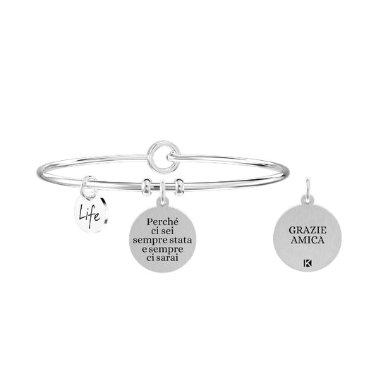 Bracciale donna Kidult Friendship in acciaio con ciondolo e scritta "grazie amica"