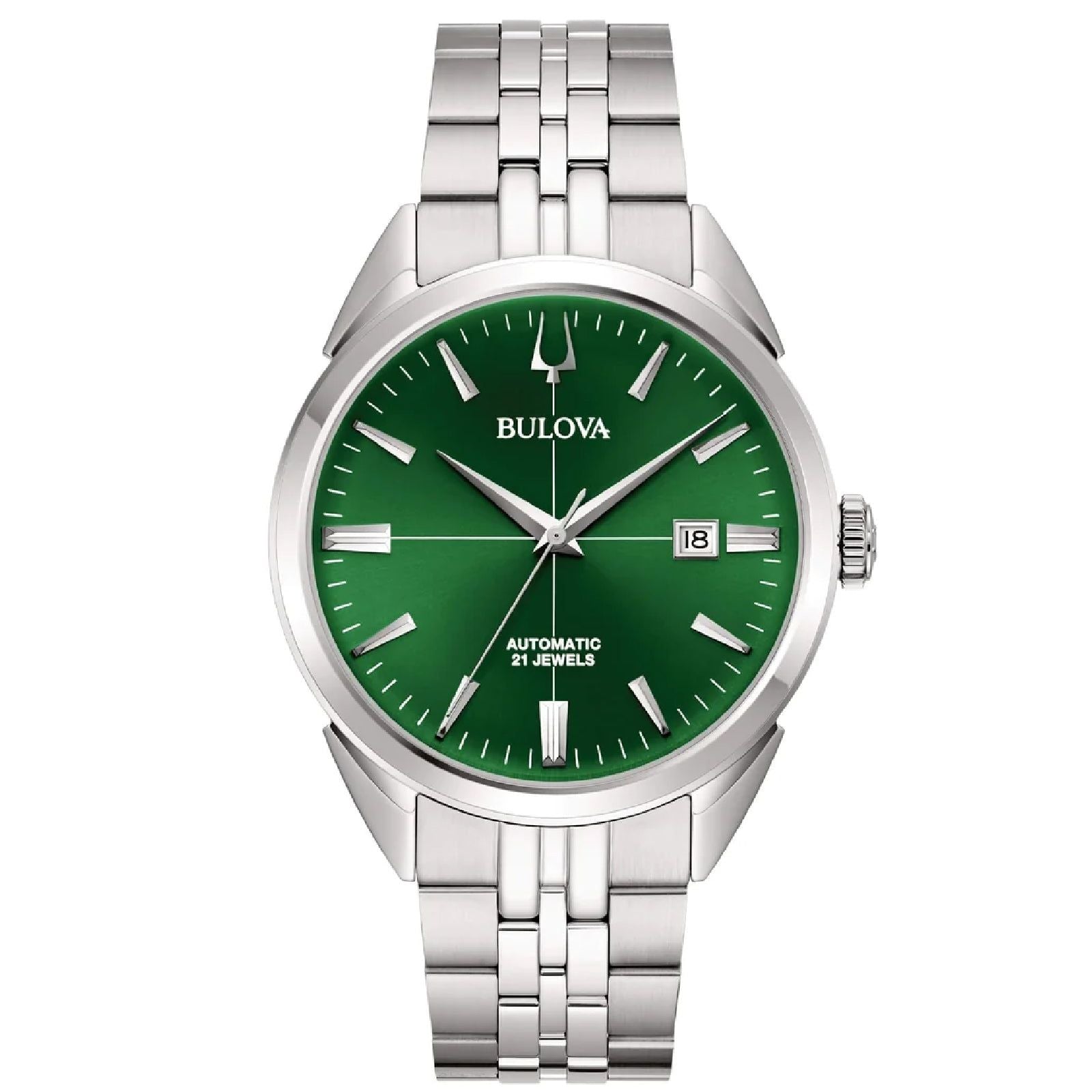 Orologio automatico uomo Bulova Sutton in acciaio con quadrante verde e datario cassa 41,5 mm 96B424-1