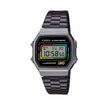 Orologio digitale Casio Vintage UNO Mattel unisex in acciaio nero