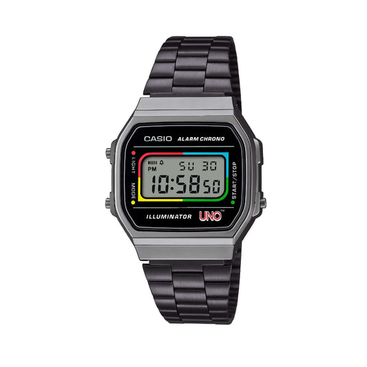 Orologio digitale Casio Vintage UNO Mattel unisex in acciaio nero