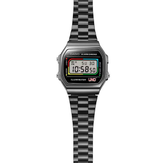 Orologio digitale Casio Vintage UNO Mattel unisex in acciaio nero