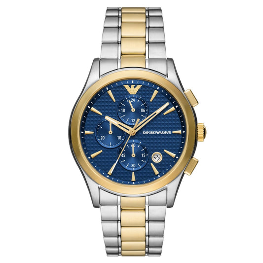 Orologio cronografo acciaio Emporio Armani uomo blu, oro, argento con datario