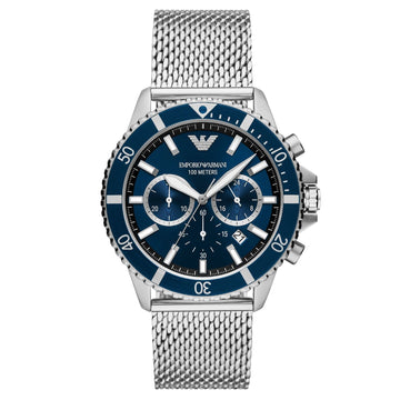 Orologio crono uomo Emporio Armani in acciaio mesh quadrante blu 43mm