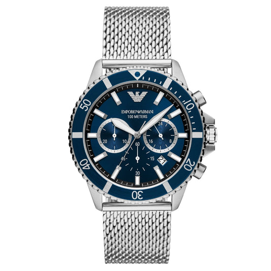 Orologio crono uomo Emporio Armani in acciaio mesh quadrante blu 43mm