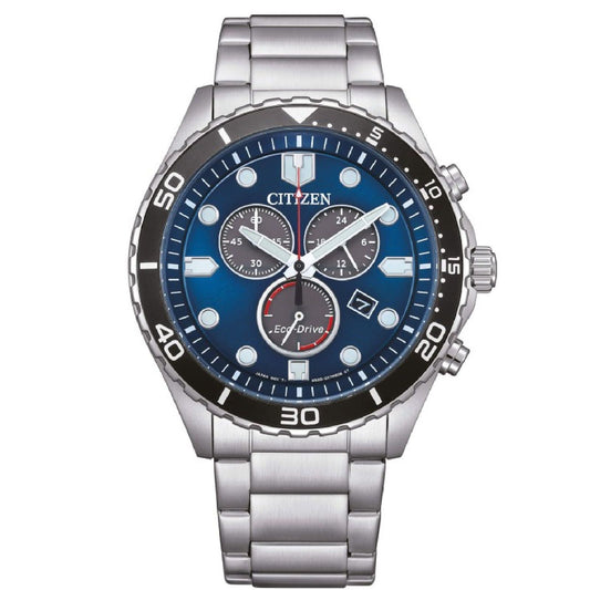 Orologio crono uomo Citizen Sporty in acciaio quadrante blu lunetta nera 43mm