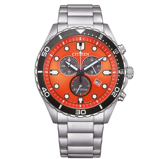 Orologio crono uomo Citizen Sporty in acciaio quadrante arancione lunetta nera 43mm