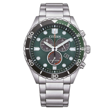 Orologio crono uomo Citizen Sporty in acciaio quadrante verde lunetta nera 43mm