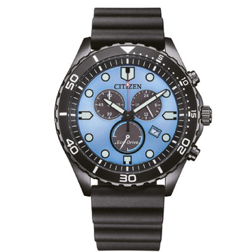 Orologio crono uomo Citizen Sporty in acciaio e pu nero con quadrante azzurro 43mm