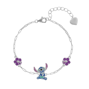 Bracciale a catena Disney Stitch bambina argento con Stitch e due fiori