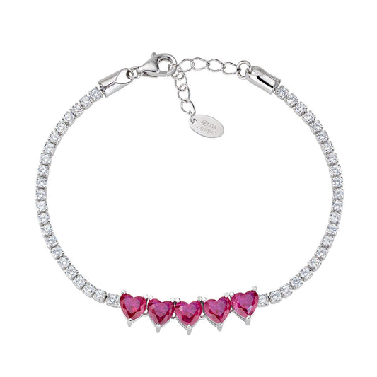 Bracciale tennis donna Amen Amore in argento con 5 zirconi a cuore rossi