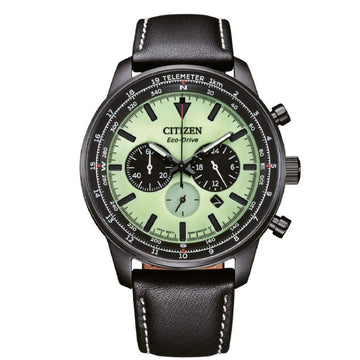 Orologio crono uomo Citizen Outdoor acciaio e pelle nera con quadrante verde 44mm