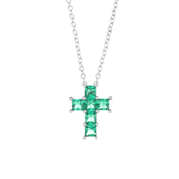 Collana girocollo Amen Lady donna argento rodiato con croce ricoperta da zirconi verde