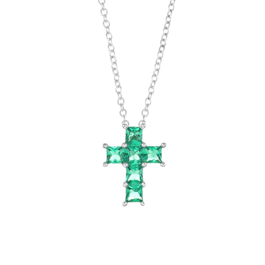 Collana girocollo Amen Lady donna argento rodiato con croce ricoperta da zirconi verde