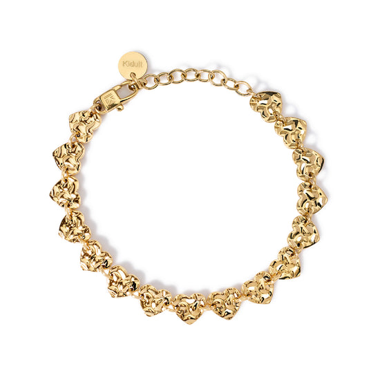 Bracciale catena Kidult Style in acciaio oro e cuori martellati Regolabile 16-19 cm