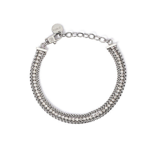 Bracciale due catene Kidult Style in acciaio e cristalli Regolabile 15,5-18,5 cm